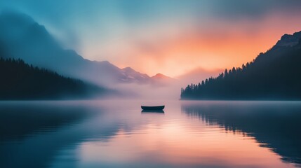 A boat sails on a foggy lake early in the morning with mountains in the background