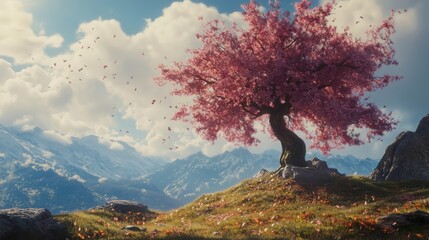 A large rose tree is growing on a mountain, surrounded by rocks and grass. The sky is cloudy and the sun is shining