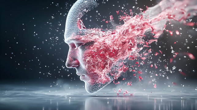 A profile face of a person transforming with red fragments exploding away. Excellent for science fiction or abstract concepts emphasizing change and mental processes.