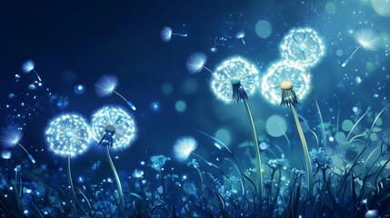Night glowing dandelions with its seeds being blown away by the wind.