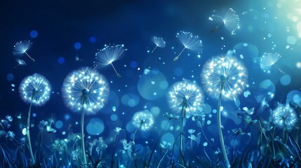 Night glowing dandelions with its seeds being blown away by the wind.