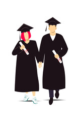 Happy student man and woman celebrating graduation holding diploma. Obtaining a diploma. Education concept. Vector Not AI generated