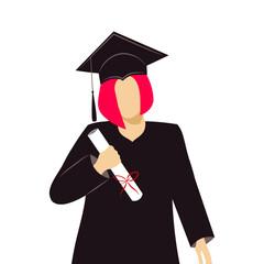 A young red-haired graduate in traditional graduation attire holds her diploma. Vector Not AI generated