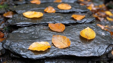 A peaceful fall scene featuring scattered red leaves on a slate surface in soft, muted sand tones, evoking simplicity and tranquility