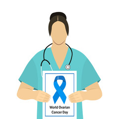 A young nurse in medical attire holds a banner reading World Ovarian Cancer Day to raise awareness and show support for the cause. Vector illustration Not AI generated