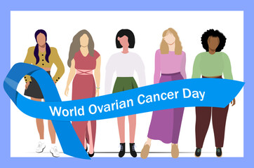  World Ovarian Cancer Day. A group of young women standing together, holding mint blue ribbon. Vector Not AI generated