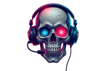 Realistic gamer skull wearing headset with glowing pixelated eyes, representing digital culture, on a transparent background [with a space to copy]