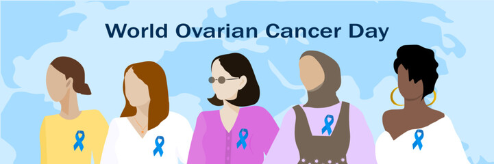 Young, modern women standing together with mint blue ribbons against the backdrop of Earth. World Ovarian Cancer Day. Suitable for banners, posters, flyer, card and poster. Vector Not AI generated