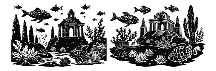 "Ancient underwater city ruins with coral, fish, and sea turtles swimming around"

