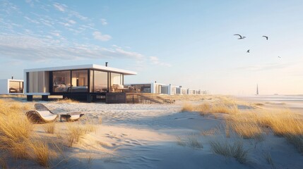 Obraz premium Coastal Tiny Houses, Seaside Retreat, Sunrise View, Relaxing Vacation