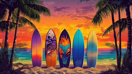   Surfboards stacked atop a beach beside a tall palm tree, overlooking the vibrant ocean