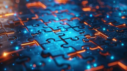 Close-up abstract view of puzzle pieces in shades of blue and orange.
