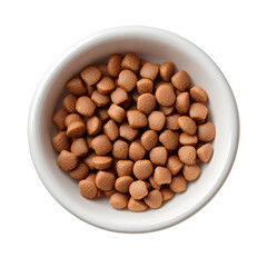 Brown pet food in a white bowl