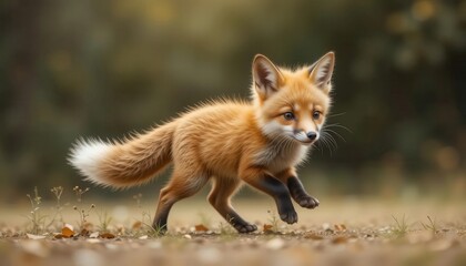 Playful Red Fox Kit Running Through a Forest Landscape