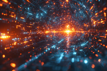 Obraz premium A futuristic tunnel of data streams glowing with blue and orange lights. This image suggests advanced technology and a digital realm. Application for tech presentations.
