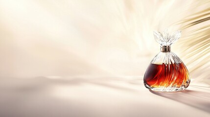 Fototapeta premium a perfume bottle on a pure white backdrop featuring a fuzzy palm tree in the hazy distance
