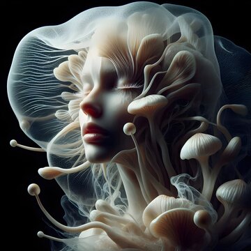 mujer, hongo, arte digital, surrealismo, rostro femenino, micelio, textura org&aacute;nica, metamorfosis, belleza, et&eacute;reo, retrato, fant&aacute;stico, alta moda, piel transl&uacute;cida, estructura bot&aacute;nica, bioluminiscen