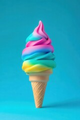 Vibrant swirl ice cream cone with rainbow colors on a blue background a playful and cheerful treat perfect for summer and dessert lovers