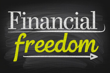 Chalkboard inscription "Financial Freedom" in white and yellow, featuring an arrow signifying progress and achievement, ideal for finance, business, or motivational concepts