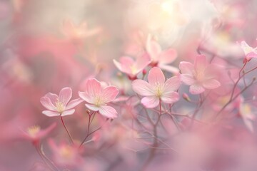Obraz premium A close-up shot of pink flowers with a soft focus, capturing a delicate and dreamy scene, Soft focus on delicate floral patterns