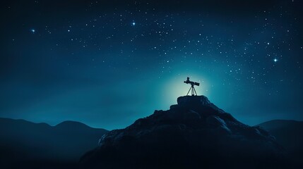   A man on a mountaintop, gazing upward with a telescope perched on his head