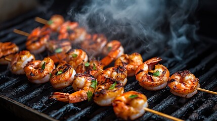 Delicious grilled shrimp skewers cooking on a hot grill bbq sea eat food meal fire tasty ocean spicy