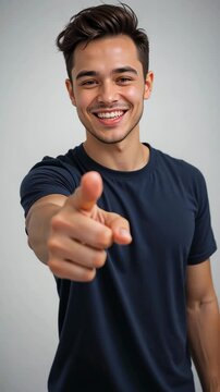 Young male smiles and playfully points at the camera expressing joy and confidence in a casual studio setting with a neutral background