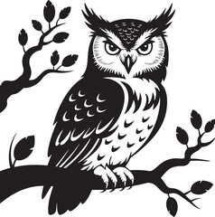 Naklejka premium Black And White Owl Illustration Perched On Tree Branch