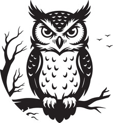 Tribal owl vector illustration of a wild bird, a cartoon animal design element, perched on a branch against a white background, suitable for a tattoo symbol