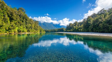 Fototapeta premium Pristine River Reflecting Lush Greenery and Blue Sky in a Tranquil Natural Setting