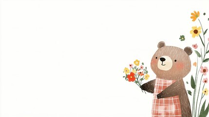 Fototapeta premium A bear holding flowers with space on the right side