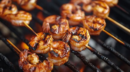 Delicious grilled shrimp skewers appetizer recipe summer food photography up bbq meal fire lunch