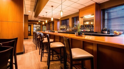 Obraz premium Modern bar interior with wooden accents, empty seats, and a well-stocked counter in a cozy setting