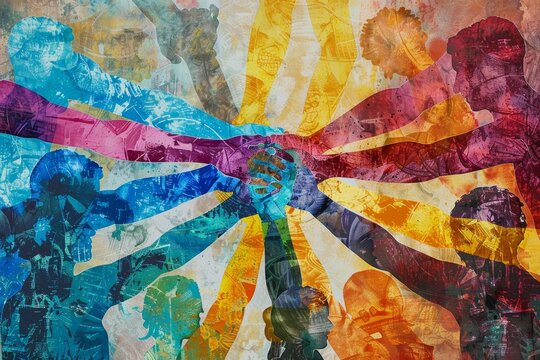 Abstract artwork depicting hands joined together in a circle, representing unity and collaboration, Create an artwork depicting collaboration and teamwork among diverse group members
