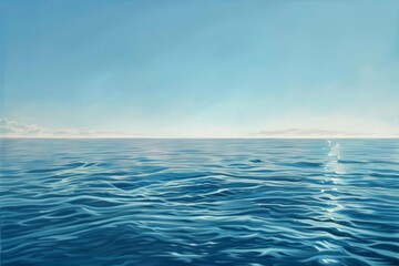 Fototapeta premium A peaceful scene of calm ocean waters reflecting the blue sky above on a bright, sunny day, Reflective surface of calm waters