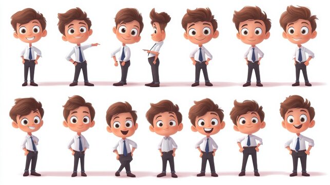 Cartoon flat cute funny business office boy character in jerkin with tie. 30 different poses and face expressions. Isolated on white background. Big vector icon set.