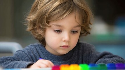 Fototapeta premium Child engaged in cognitive development activities with colorful blocks at a learning center