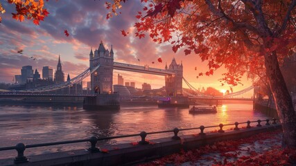 Beautiful sunset view of the Tower Bridge in London during autumn.