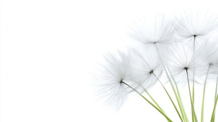   A close-up of dandelion heads on a white background with a green stem in the foreground