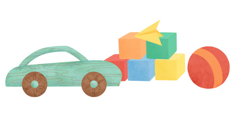 A composition of children's toys, a car, a ball, colored cubes, a paper airplane, handmade digital illustration on a white background