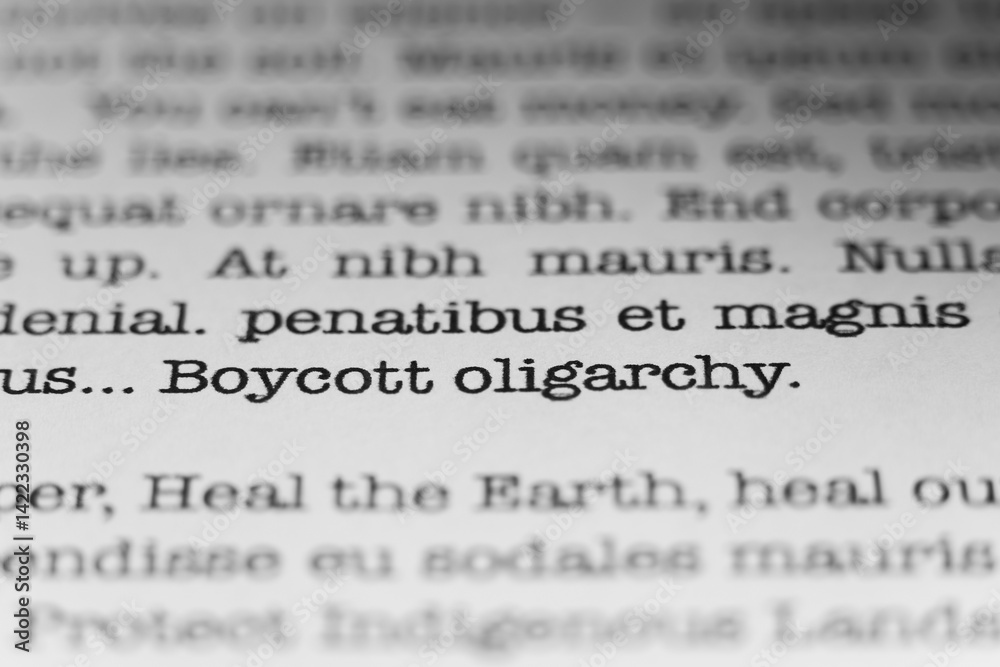 Fototapete boycott oligarchy. text printed on a page. a piece of paper with a phrase written in retro typewrite