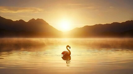   A swan glides through a lake as the sun descends and majestic mountains loom in the distance