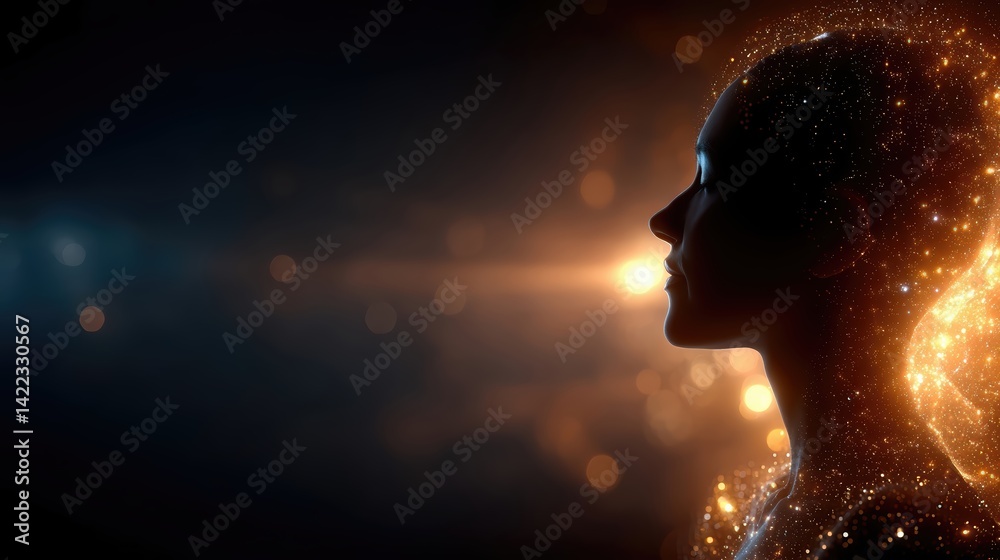 Poster Golden light emerges from heart center with floating mandalas and celestial patterns
