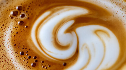An abstract background image created by a macro view of coffee and cream mixing. Features the rich brown texture of coffee crema and a smooth white milk foam swirl.