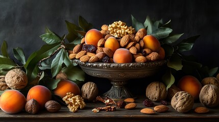 Stilllife photography apricots almonds walnuts autumn harvest dark background food bowl rich fruit