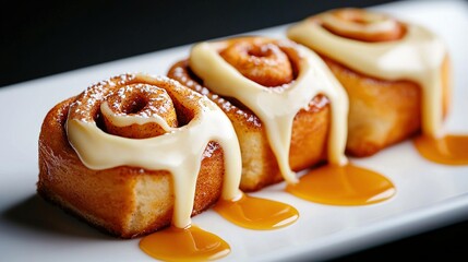   A close-up of a plate of delicious doughnuts, coated in icing and adorned with a sweet drizzle