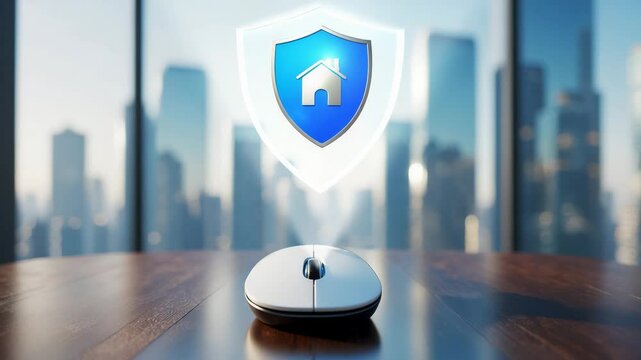 Home with a shield icon on a wireless mouse placed on a wooden desk, representing insurance and digital security.