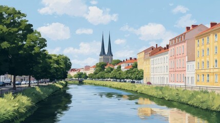 Obraz premium Serene Riverfront Cityscape Canal Church Spire Buildings Summer