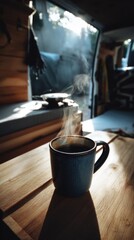 Morning Coffee Ritual in a Cozy Camper Van with Steaming Cup on Wooden Table and Sunlit Interior