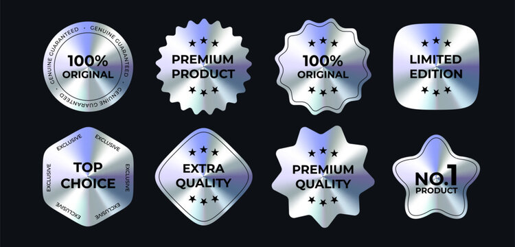 Metallic Silver Badges Set With Premium Quality Labels On Dark Background. Glossy Chrome Stickers Collection For Product Branding, Packaging, Advertising Or Promotion Design. Vector Illustration.